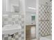 Bathroom featuring retro black and white tile, a shower, and a sink at 1110 Upper Hembree Rd, Roswell, GA 30076