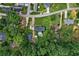 Drone view exhibits properties with well-kept yards, gardens, sheds and outbuildings surrounded by forests at 140 Wilbanks St, Buford, GA 30518
