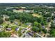 A high angle shows homes surrounded by trees, utilities and open land in a quiet residential neighborhood at 140 Wilbanks St, Buford, GA 30518