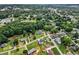 Aerial view displaying a quiet neighborhood with lush trees, spacious yards, and established landscaping at 140 Wilbanks St, Buford, GA 30518