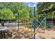 Playground and picnic area with climbing structures, swings, and picnic table surrounded by a metal fence at 1050 Shady Valley Pl, Atlanta, GA 30324