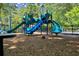 Community playground with colorful blue and green slides, climbing structures, and wood chip ground covering at 1050 Shady Valley Pl, Atlanta, GA 30324