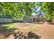 This backyard features a cozy seating area, lush greenery, wooden fence and a storage shed at 2272 Desmond Dr, Decatur, GA 30033