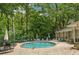 Community pool area with lounge chairs and tables surrounded by mature trees at 1719 Woodcliff Ne Ct, Atlanta, GA 30329