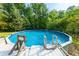 Above-ground pool with ladder and deck, surrounded by lush greenery and mature trees at 2024 Lower Burris Road Rd, Canton, GA 30114