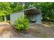 Storage shed in wooded area offers storage and workspace for tools and yard equipment at 2024 Lower Burris Road Rd, Canton, GA 30114