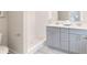Bathroom featuring double vanity with gray cabinets and a step-in shower at 3810 Jack Vernon Cir, Powder Springs, GA 30127
