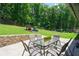 Backyard with patio seating area, green lawn, and lush trees at 9701 Buice Rd, Alpharetta, GA 30022