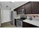 Sleek kitchen with stainless steel appliances, dark wood cabinets and modern tiled backsplash at 507 Hillcrest Cross Rd, Canton, GA 30115