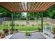 Landscaped backyard featuring a stone retaining wall, manicured lawn, and a pergola covered patio at 1777 Chasewood Park Ln, Marietta, GA 30066