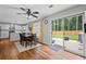 Open kitchen and dining area with sleek appliances, a spacious table, and sliding glass doors leading to the backyard at 1047 Woodsong Pass Ct, Lawrenceville, GA 30043