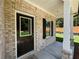 Inviting front porch with brick accents, classic columns, and a stylish black front door, creating a warm welcome at 115 Heyman Dr, Covington, GA 30016