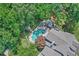 Stunning aerial view of a backyard with a private pool, lush landscaping, and outdoor living spaces at 125 Foxridge Rd, Atlanta, GA 30327