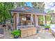 Outdoor kitchen with stainless steel appliances, seating, and a covered area for entertaining near pool at 125 Foxridge Rd, Atlanta, GA 30327