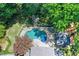 The pool and its surrounding patio, along with an outdoor kitchen and fireplace at 125 Foxridge Rd, Atlanta, GA 30327