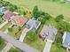Aerial view of homes, showcasing landscaping and proximity to the green space in a well-kept neighborhood at 5365 Glenhaven Dr, Cumming, GA 30041