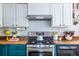 Close up of the stainless steel gas range in this kitchen with custom cabinets at 1055 Woodland Se Ave, Atlanta, GA 30316