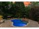 A backyard featuring a kidney-shaped pool with stone accents, integrated spa, and lounge seating under patio umbrellas at 7025 Kettering Ln, Suwanee, GA 30024
