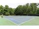 Outdoor tennis court surrounded by a chain-link fence, green trees, and professional lighting for evening matches at 1382 Fountain Lakes Drive Dr, Lawrenceville, GA 30043