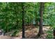 Backyard view to the waterfront and lake through mature trees, as seen from a private outdoor deck at 7875 Robin Rd, Cumming, GA 30041