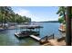 Lake view of a boat dock with a boat lift and boathouse with steps that lead down to the serene lake at 7875 Robin Rd, Cumming, GA 30041