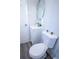 Cozy bathroom featuring a toilet, sink, decorative mirror, and gray plank flooring at 3893 Bonnie Se Ln, Atlanta, GA 30354
