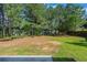 Large backyard with lush green grass, mature trees, and a natural stone retaining wall at 7250 Old Chapel, Atlanta, GA 30349
