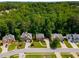 Wide aerial view showing house, mature trees, lawn and neighborhood at 1019 Legacy Walk, Woodstock, GA 30189