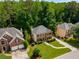Aerial view of home with a well-maintained lawn, brick facade, driveway, and lush trees around the property at 1019 Legacy Walk, Woodstock, GA 30189