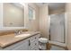 Bathroom featuring neutral walls, a shower, white cabinets, light countertop, and modern fixtures at 1019 Legacy Walk, Woodstock, GA 30189