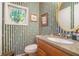 Stylish powder room with unique wallpaper, a granite countertop, and a round window at 2505 Northlake Court Northeast, Atlanta, GA 30345