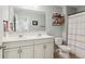 Clean bathroom featuring a double sink, vanity, tub, and neutral colors at 4020 Huron Dr, Cumming, GA 30028