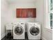 Convenient laundry room with washer, dryer, and storage cabinets at 410 Glenmont Ct, Atlanta, GA 30350