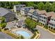 Aerial shot of community with a pool, lounge area, and a mix of townhome styles at 2059 Wheaton Way, Atlanta, GA 30328