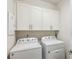 Bright laundry room featuring white cabinetry, a washing machine, and a dryer at 2059 Wheaton Way, Atlanta, GA 30328