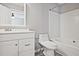 This bathroom features white vanity, toilet and bathtub with shower at 87 Davis Mill Ct, Lawrenceville, GA 30044