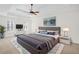 Main bedroom with a tray ceiling, ceiling fan, shuttered windows and neutral decor at 1801 Summerview Ct, Woodstock, GA 30189