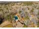 Scenic aerial view of a community pool and clubhouse surrounded by lush greenery and a tranquil pond at 846 Brandy Oaks Ln, Stone Mountain, GA 30088