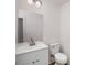 Clean half bathroom featuring a modern white vanity, sink, and toilet against neutral-toned walls at 846 Brandy Oaks Ln, Stone Mountain, GA 30088