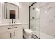 Modern bathroom with a glass shower, white vanity, and unique tile flooring at 290 Bromack Se Dr, Atlanta, GA 30315