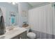 A charming bathroom with blue walls, a shower and a white vanity at 7376 Bates Dr, Cumming, GA 30040
