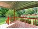 Cozy back porch offers shaded space with a stained wood deck and railing, overlooking the backyard at 4545 Gaydon Rd, Powder Springs, GA 30127