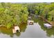 Scenic aerial view of a lake with multiple docks and boat houses surrounded by verdant trees at 921 Oak Dr, Woodstock, GA 30189