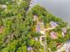 Aerial view showcasing waterfront property surrounded by lush trees and landscaping, with dock at 921 Oak Dr, Woodstock, GA 30189