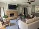 Cozy living room showcasing a stone fireplace, ceiling fan, and comfortable seating at 921 Oak Dr, Woodstock, GA 30189
