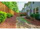 Backyard patio featuring a stone pathway, lush landscaping, and privacy fence at 2021 Towneship Trl, Roswell, GA 30075