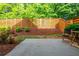 Private backyard area with wood fence, concrete patio, wooded views, mulch, and chair & table set at 2021 Towneship Trl, Roswell, GA 30075