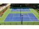 Overhead view of tennis courts with blue surface and green border, surrounded by a tall fence and trees at 1901 Paper Birch Cv, Grayson, GA 30017