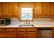 Close-up of the kitchen sink with modern faucet, set in a wooden cabinet and a bright window at 5425 Windswept Trce, Sugar Hill, GA 30518