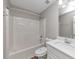 Clean bathroom with a white shower-tub combo, modern vanity, and neutral paint at 11827 Spring Lake Way, Fayetteville, GA 30215